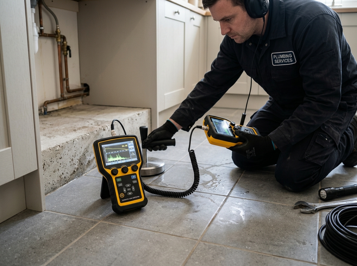 Plumbing diagnostic evaluation report, clipboard with moisture readings and architectural floor plans in Rowlett TX