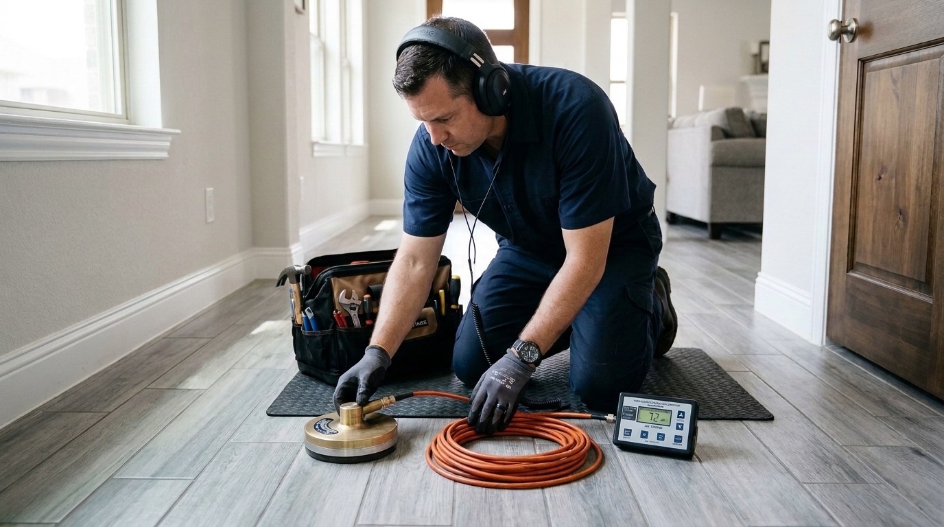 Licensed plumber using electronic acoustic listening ground sensors on tile floor in a Rowlett TX home